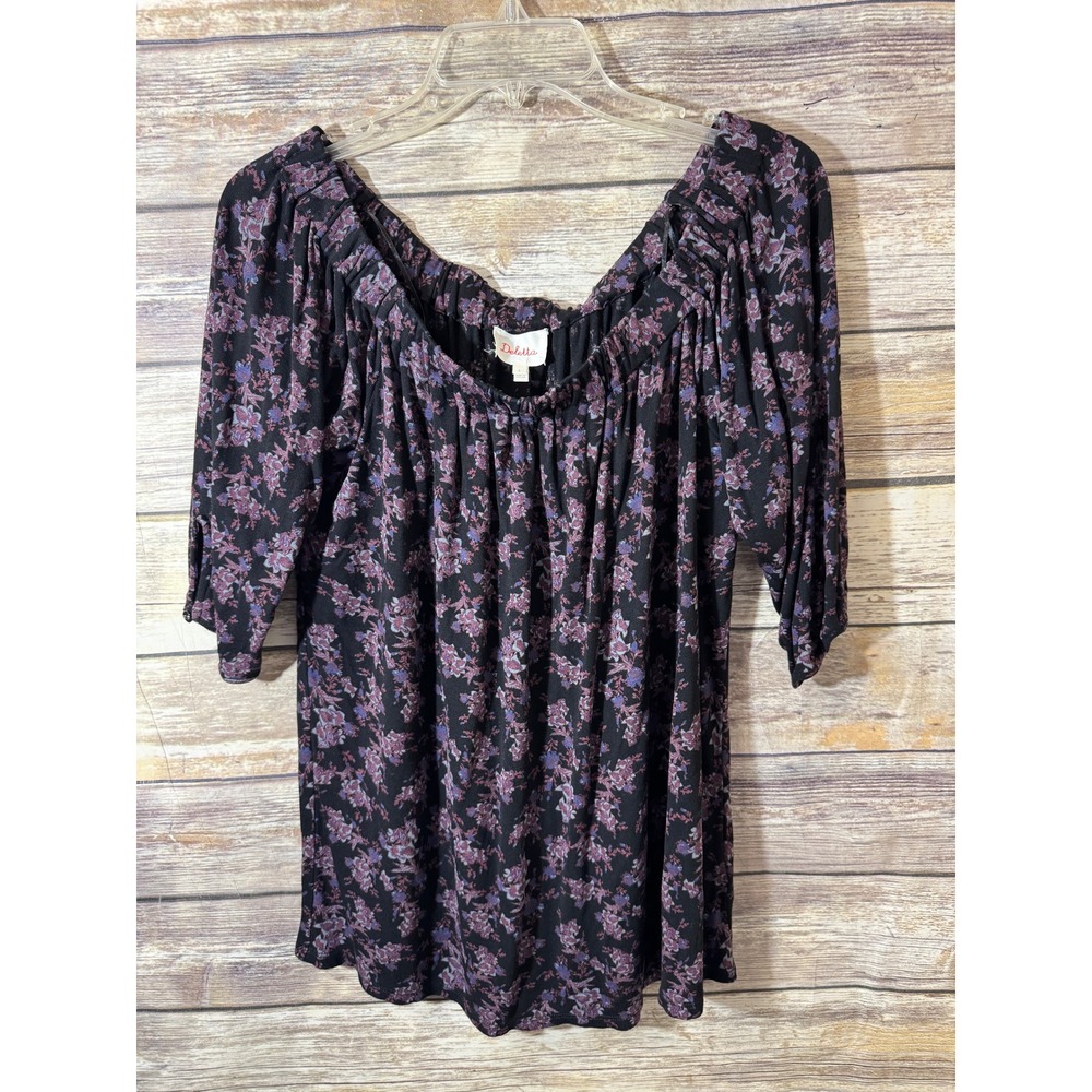 Anthropologie Deletta Caitha Top Black Purple Floral Off Shoulder Blouse S Small - Picture 2 of 6
